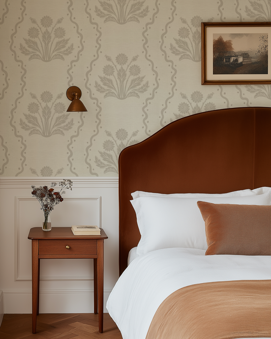 Dandelion Block Printed Wallpaper in Beige shown in a bedroom.