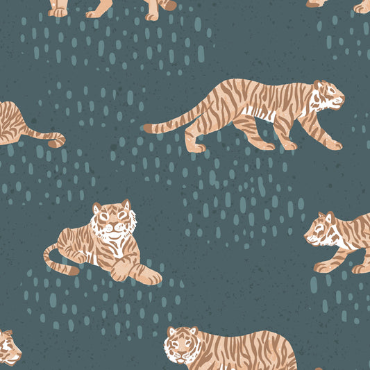 Close up of Tiger Meadow- Dark Blue Wallpaper perfect for a nursery or playroom space.
