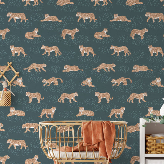 Mock up of Tiger Meadow- Dark Blue Wallpaper perfect for a nursery or playroom space.