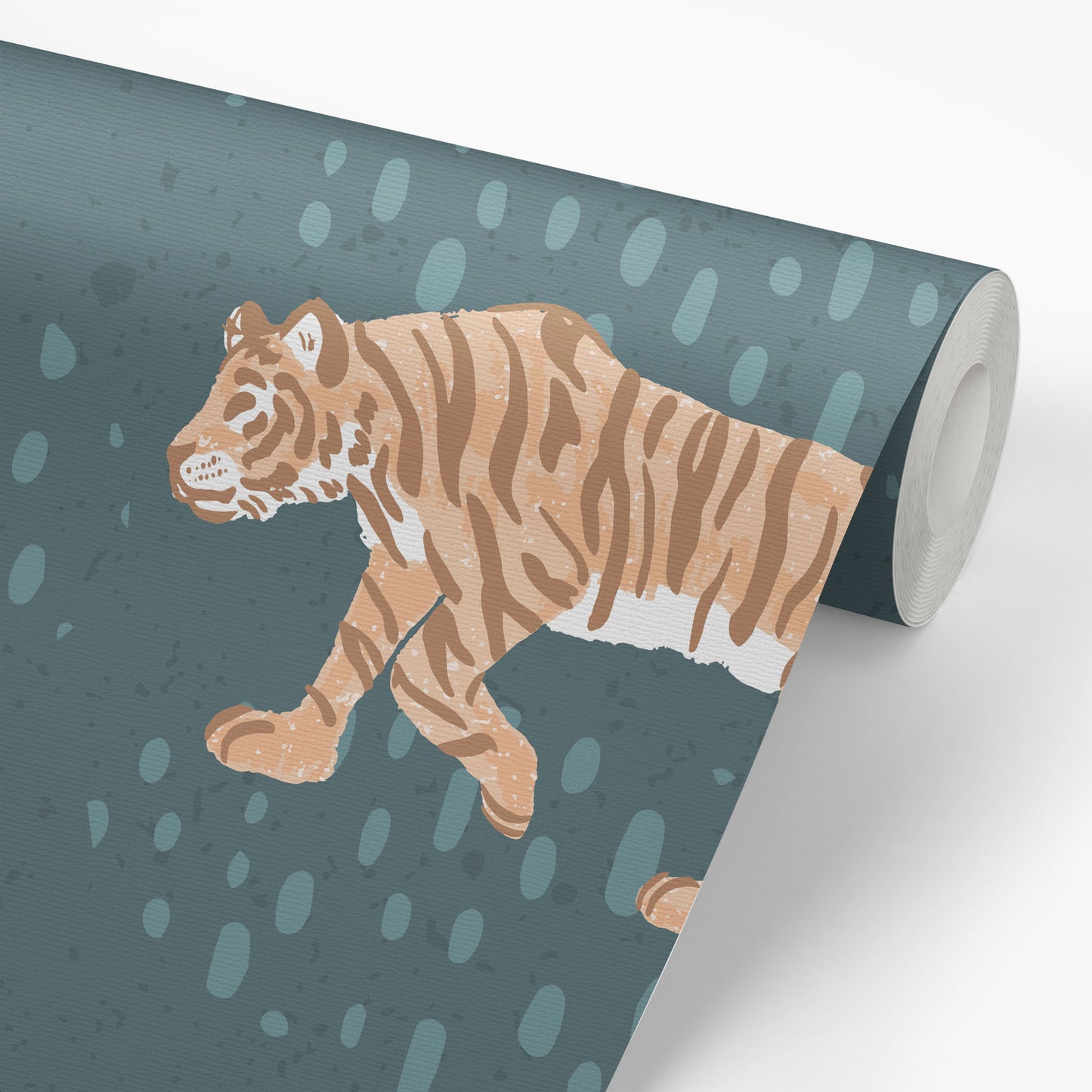 Wallpaper Roll of Tiger Meadow- Dark Blue Wallpaper perfect for a nursery or playroom space.