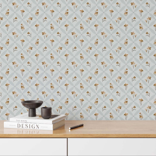 Delphinium Wallpaper in Cornflower Blue shown in an office
