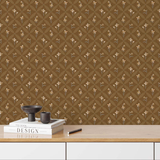 Delphinium Wallpaper in Deep Mustard shown in an office