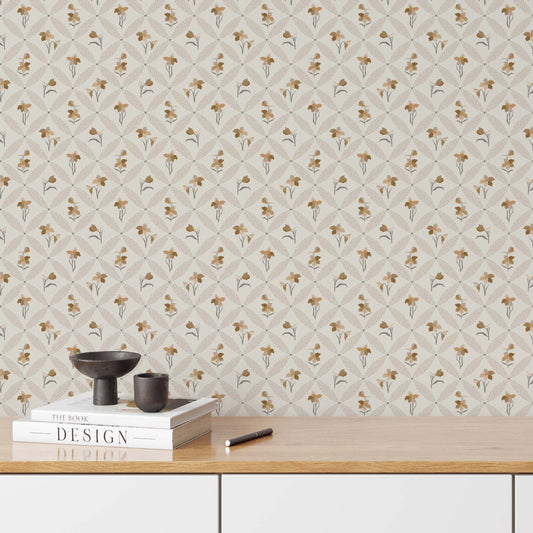 Delphinium Wallpaper in Neutral shown in an office.