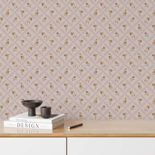 Delphinium Wallpaper in Mauve shown in an office