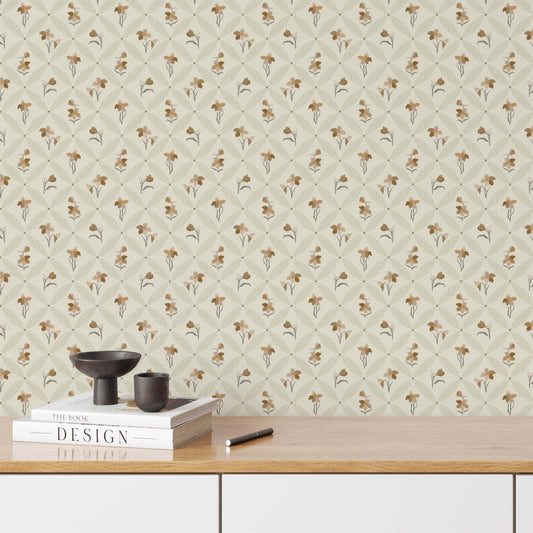Delphinium Wallpaper in Cream shown in an office