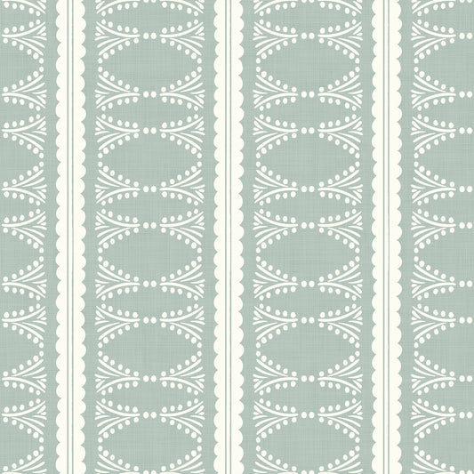 Scalloped Victorian Stripe Wallpaper in Coastal Blue shown close up.