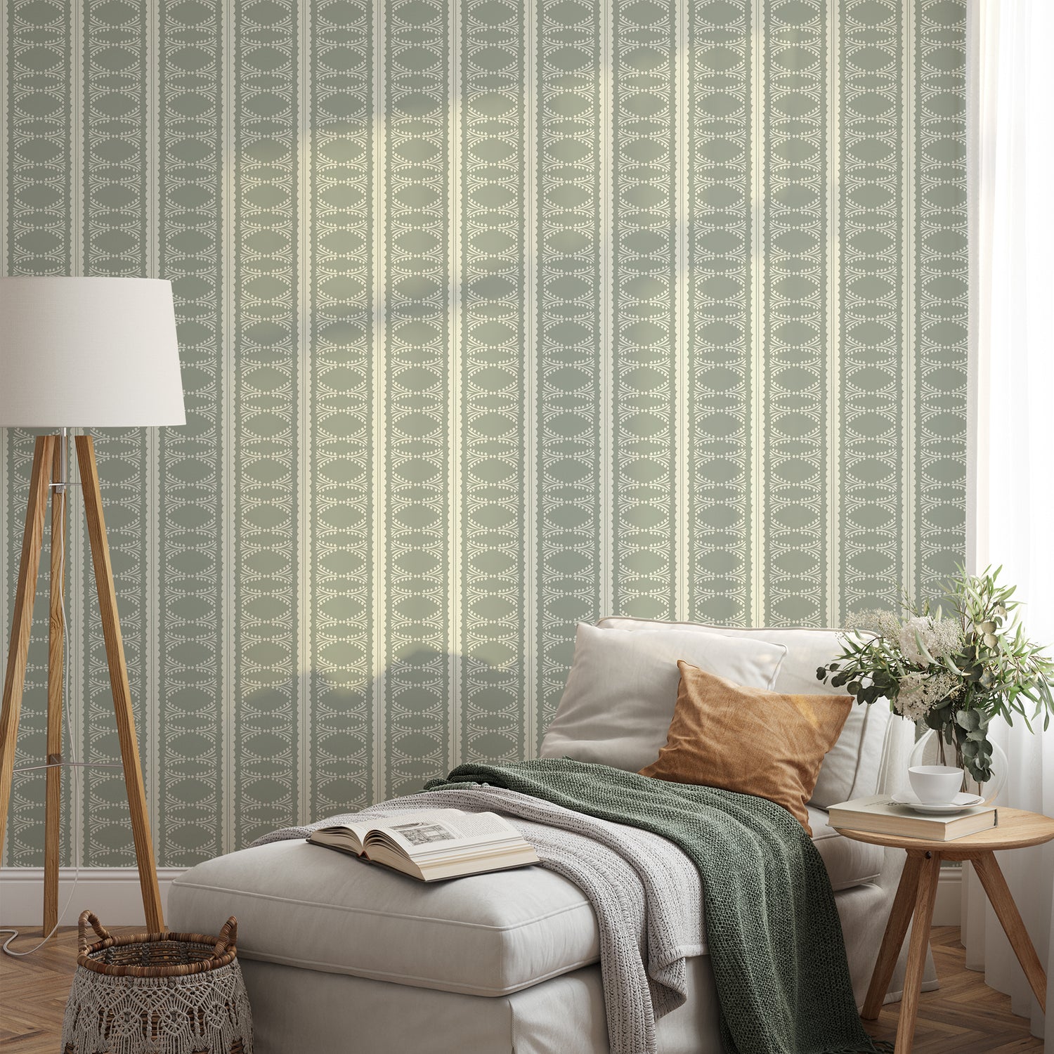 Scalloped Victorian Stripe Wallpaper in Sage shown in a living room.