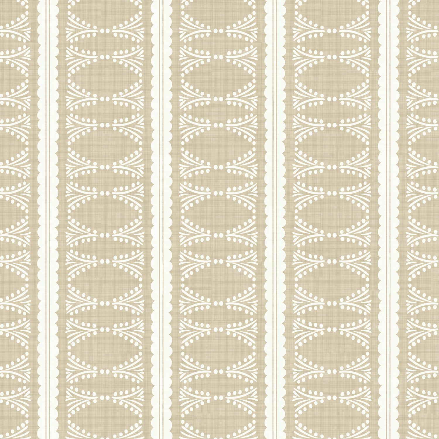Scalloped Victorian Stripe Wallpaper in Tan shown close up.