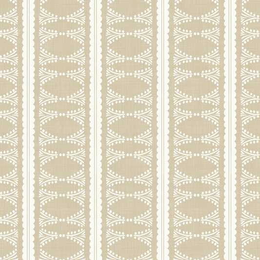 Scalloped Victorian Stripe Wallpaper in Tan shown close up.