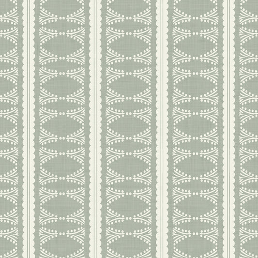 Scalloped Victorian Stripe Wallpaper in Sage shown close up.
