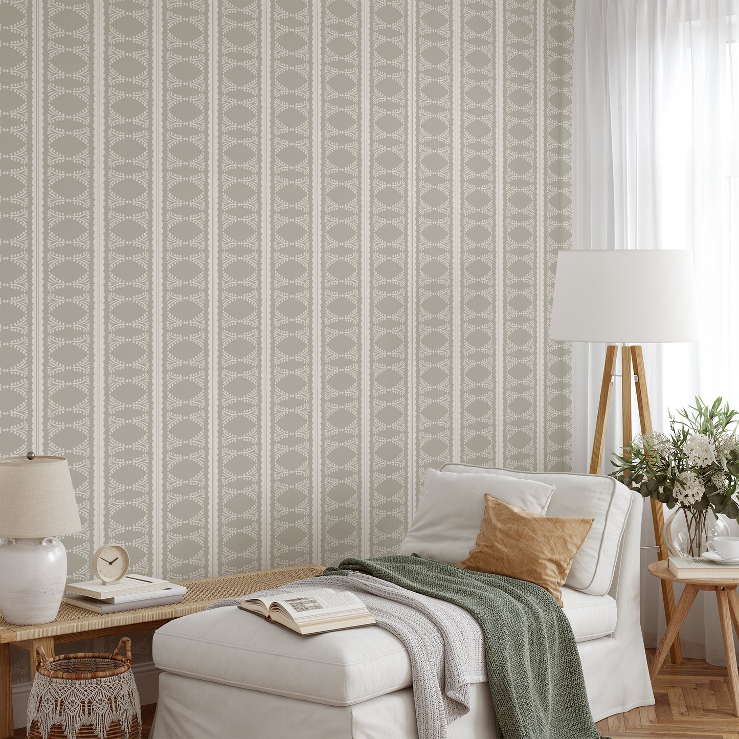 Scalloped Victorian Stripe Wallpaper in Sand shown in a living room.