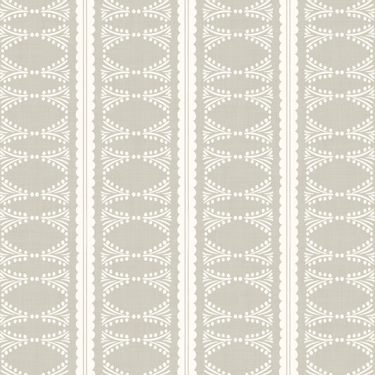 Scalloped Victorian Stripe Wallpaper in Sand shown close up.
