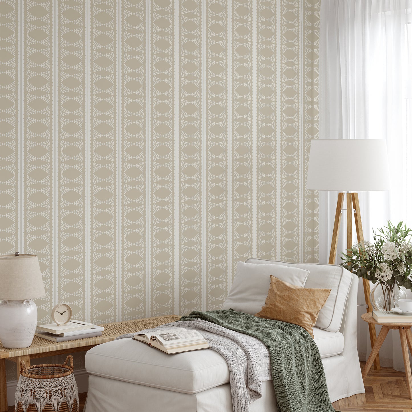 Scalloped Victorian Stripe Wallpaper in Tan shown in a living room.