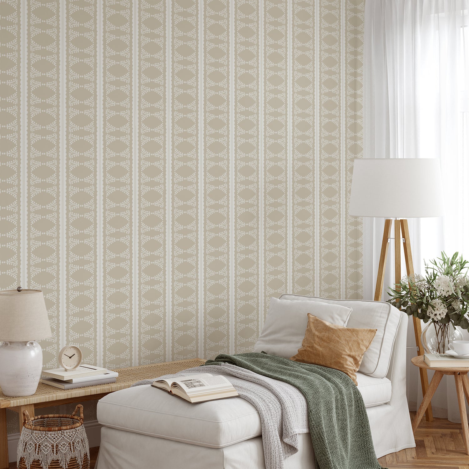 Scalloped Victorian Stripe Wallpaper in Tan shown in a living room.