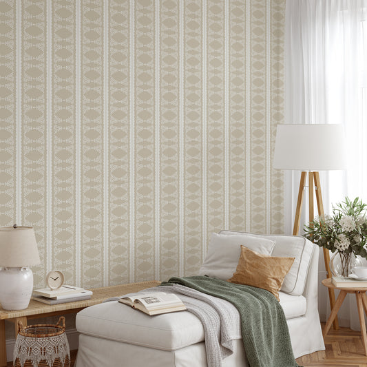 Scalloped Victorian Stripe Wallpaper in Tan shown in a living room.