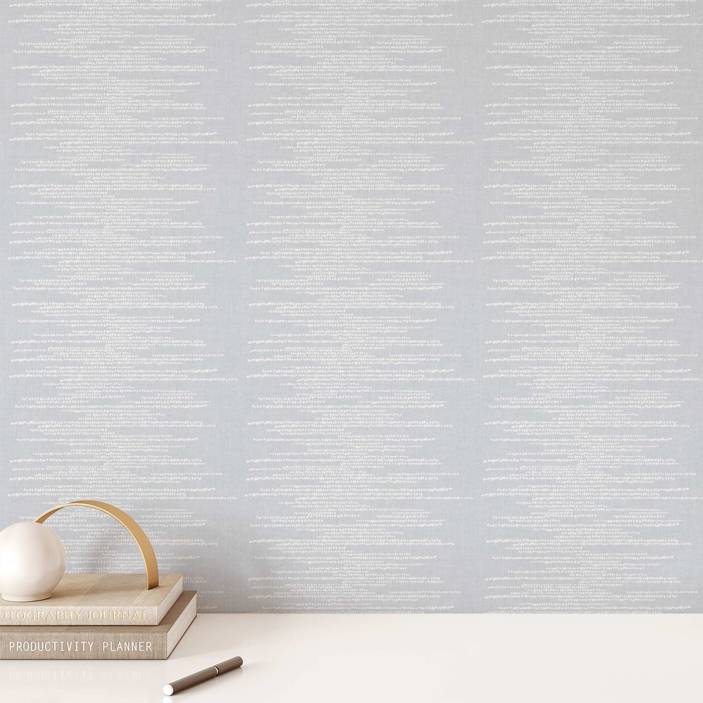 Dotted Lines Wallpaper in French Blue Gray shown on an office wall