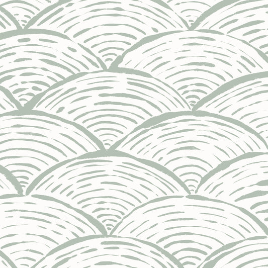 Scallops Wallpaper in Sea Green shown in a close up view.