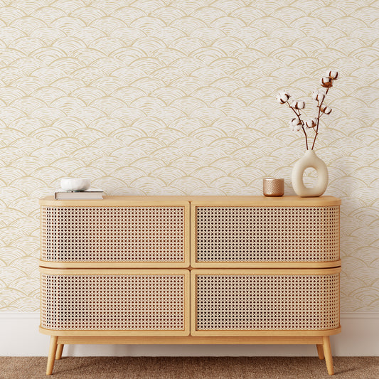 Scallops Wallpaper in Tan shown in an entry way.