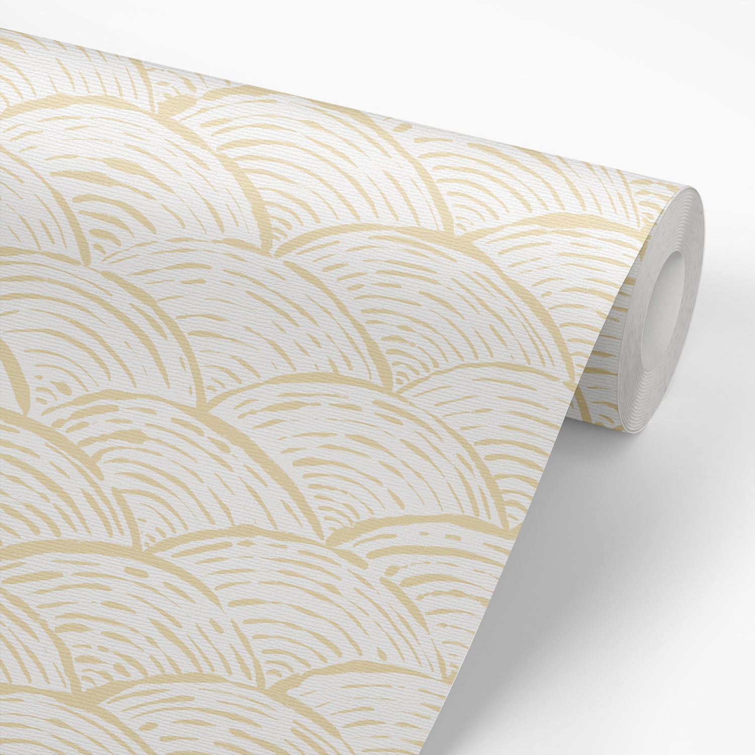 Scallops Wallpaper in Tan shown on a roll of wallpaper.