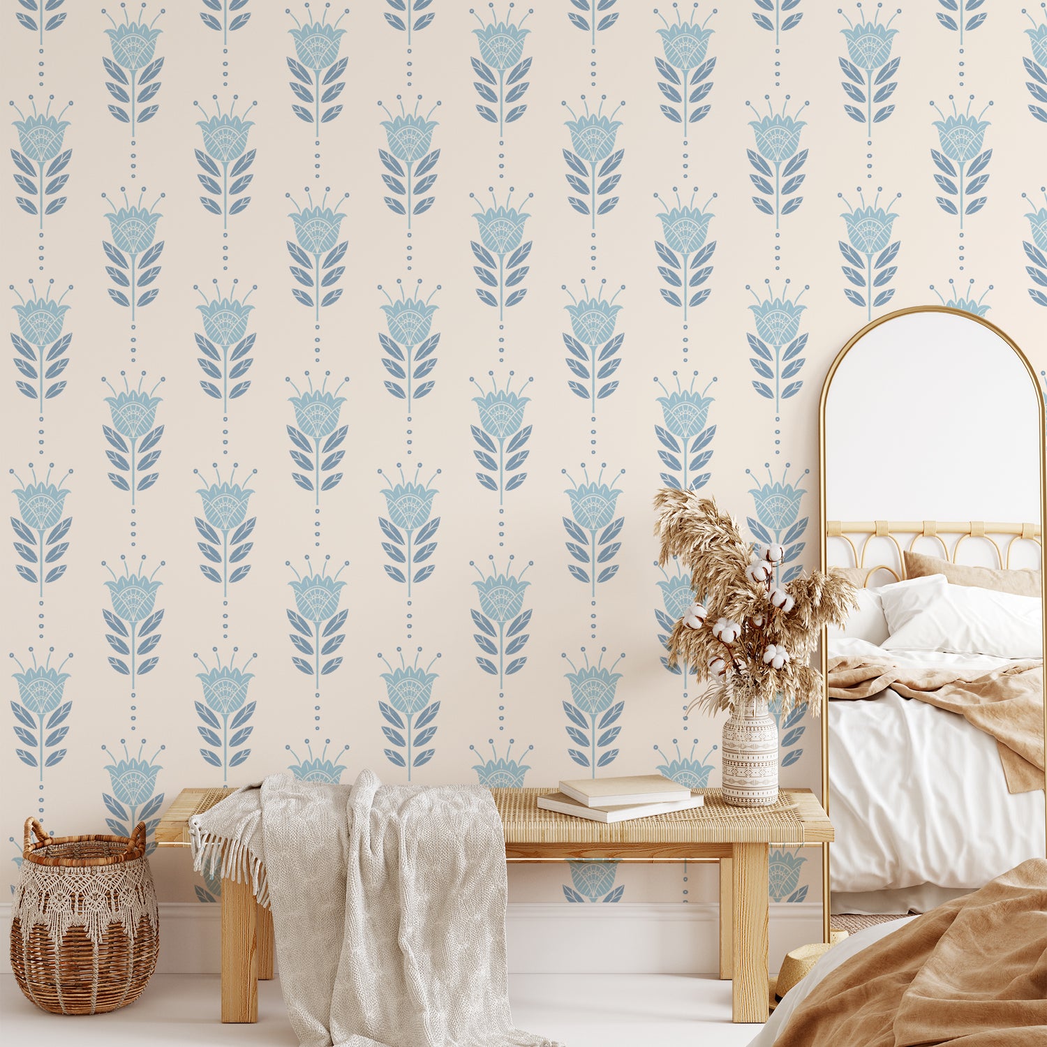 Tulips Wallpaper in Blue shown in a bedroom.