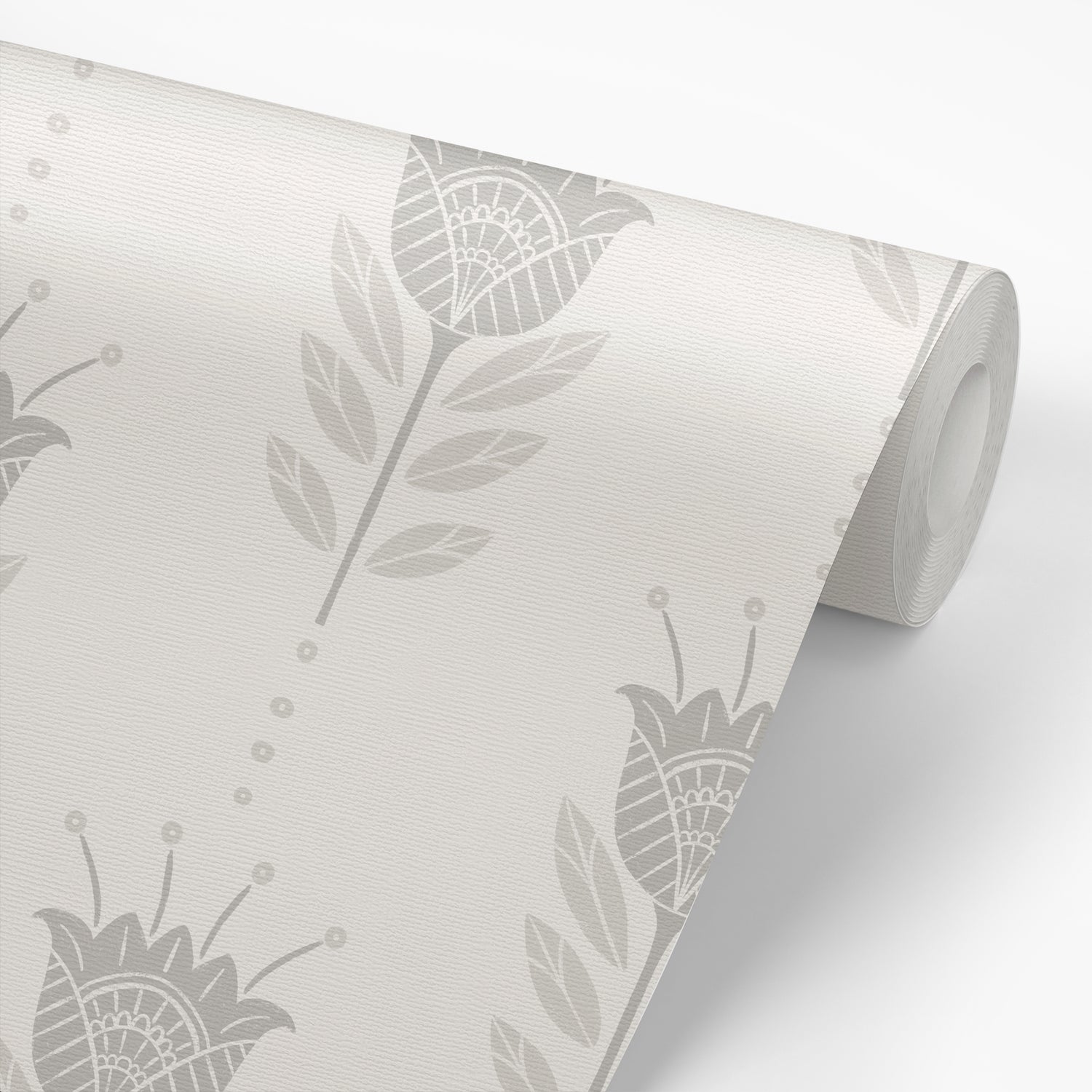 Tulips Wallpaper in Gray shown on a roll of wallpaper.