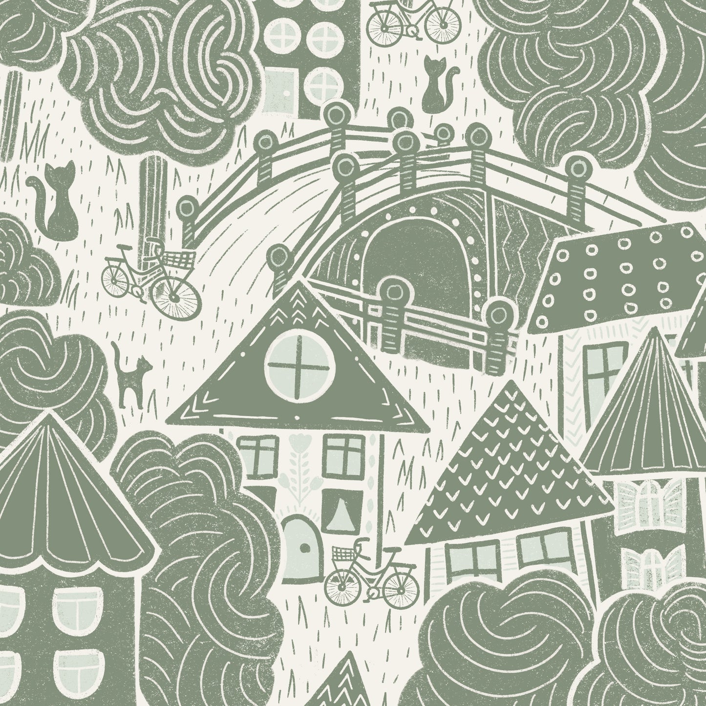Houses Wallpaper in Green shown in a close up view.