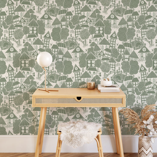 Houses Wallpaper in Green shown in a homework nook.