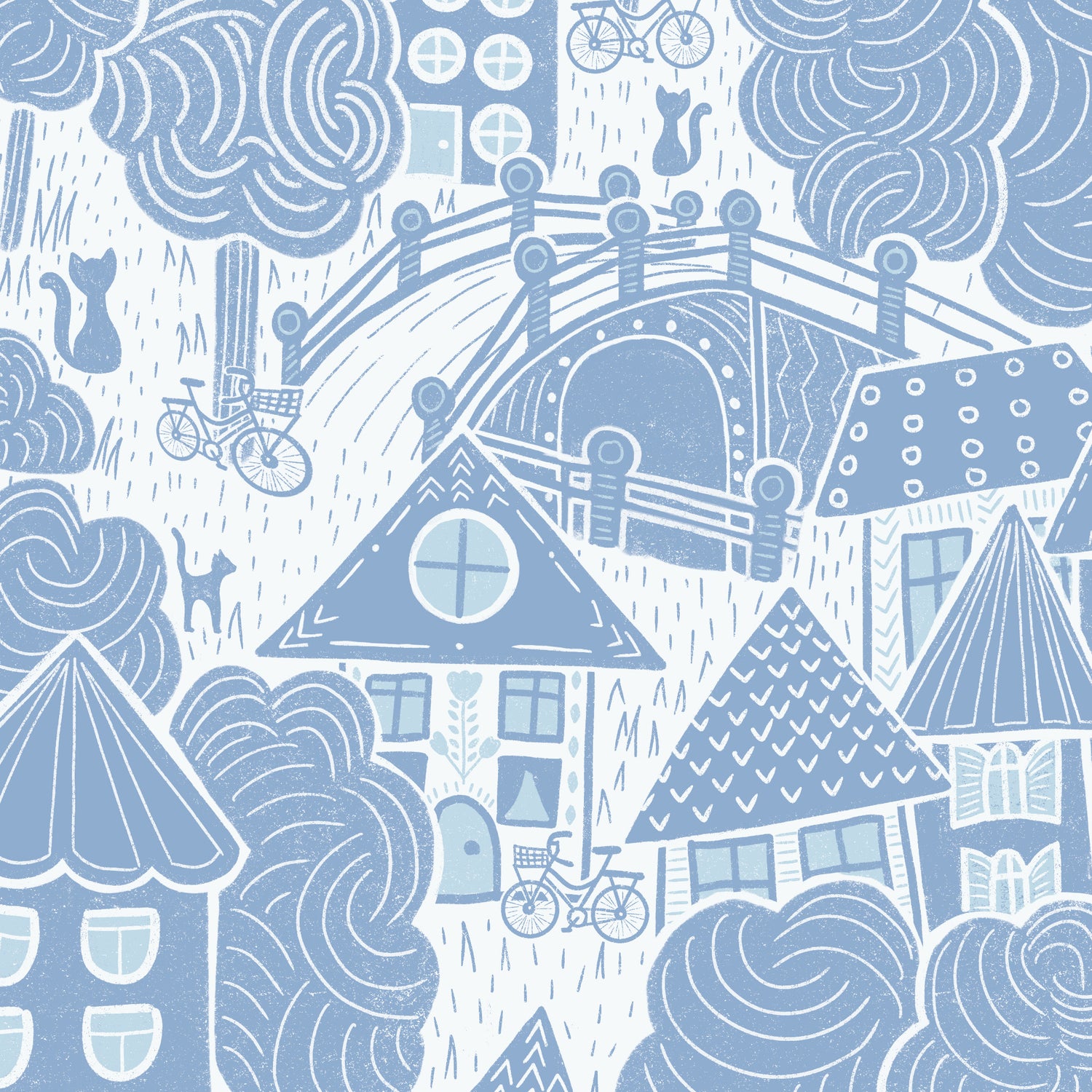 Houses Wallpaper in Blue shown on a roll of wallpaper.