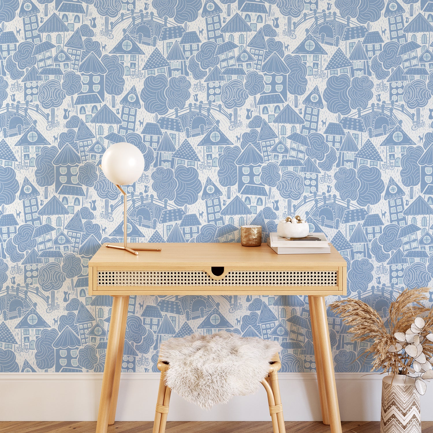 Houses Wallpaper in Blue shown in a homework nook.