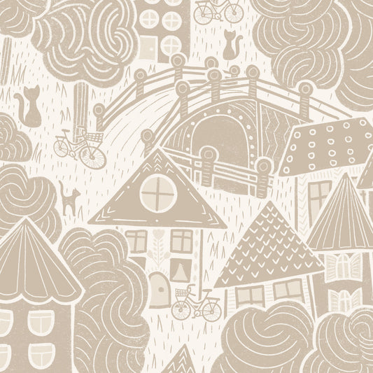 Houses Wallpaper in Taupe shown in a close up view.