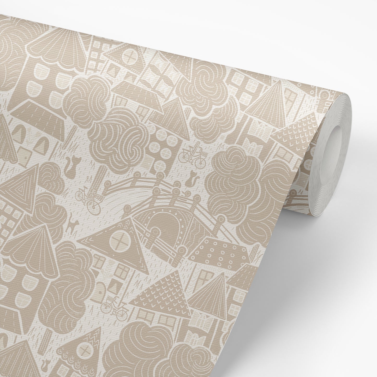 Houses Wallpaper in Taupe shown on a roll of wallpaper.