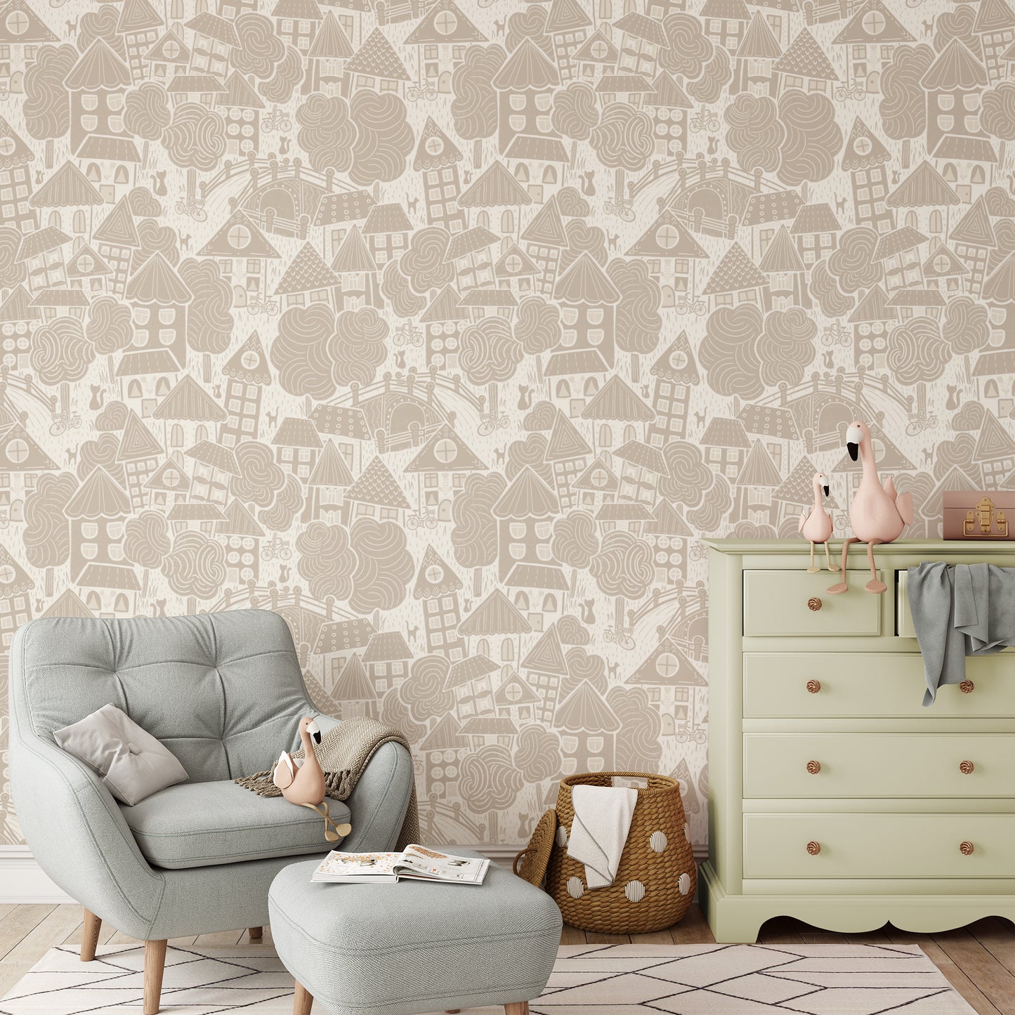 Houses Wallpaper in Taupe shown in a nursery.