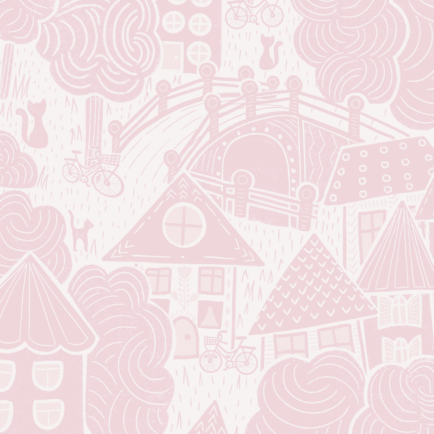 Houses Wallpaper in Pink shown in a close up view.