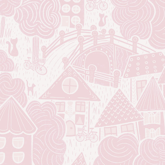 Houses Wallpaper in Pink shown in a close up view.