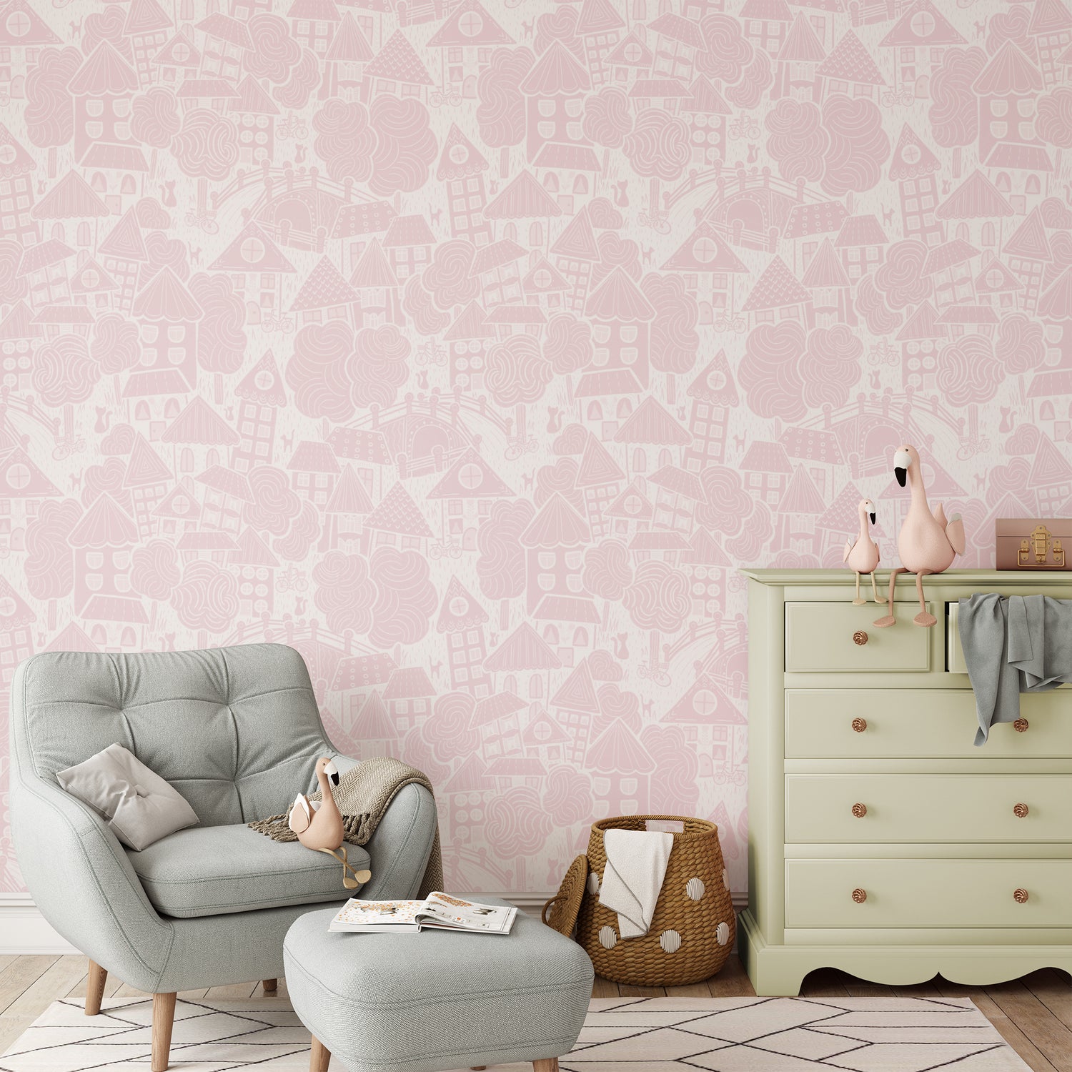 Houses Wallpaper in Pink shown in a nursery.