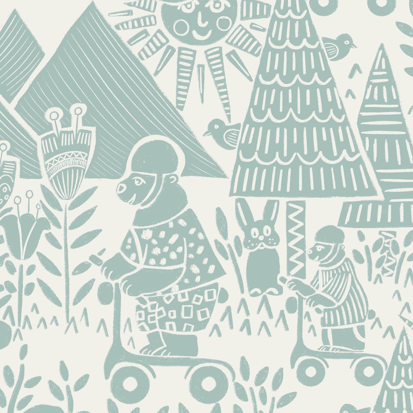 Scooting Bears Wallpaper in Sea Green shown in a close up view.