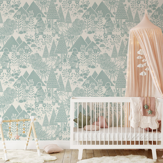 Scooting Bears Wallpaper in Sea Green shown in a nursery.