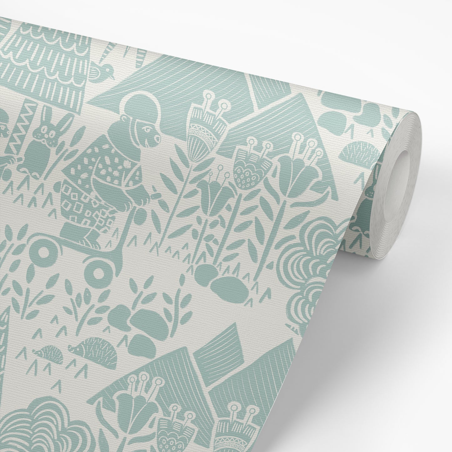Scooting Bears Wallpaper in Sea Green shown on a roll of wallpaper.