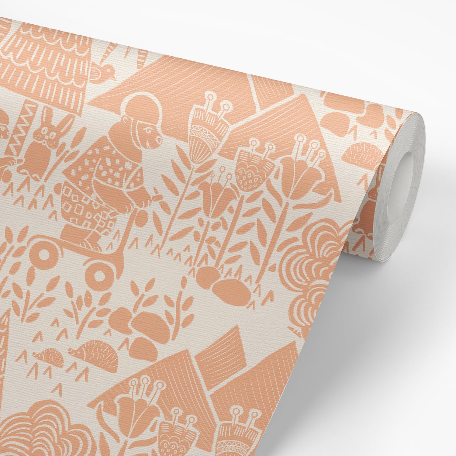 Scooting Bears Wallpaper in Apricot shown on a roll of wallpaper.