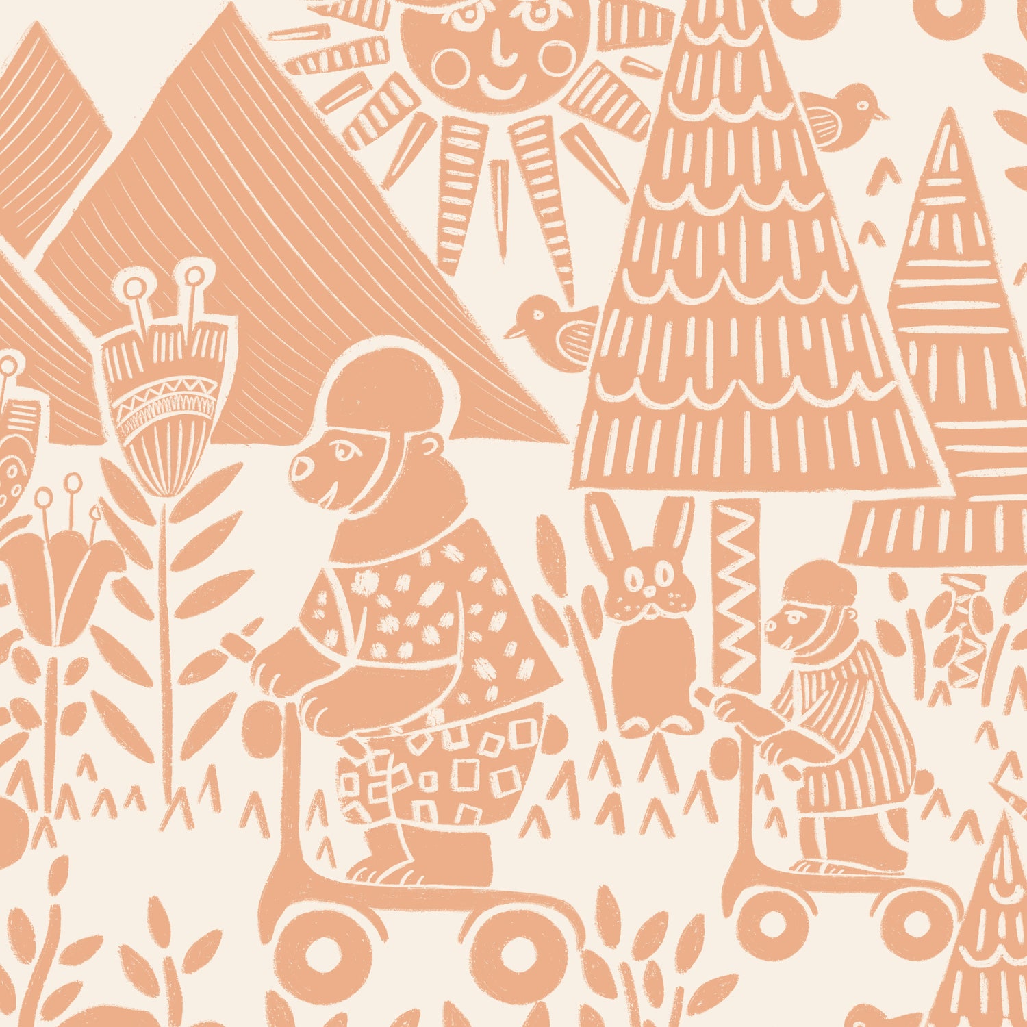 Scooting Bears Wallpaper in Apricot shown in a close up view.