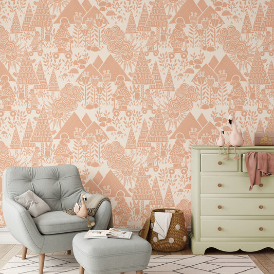 Scooting Bears Wallpaper in Apricot shown in a nursery