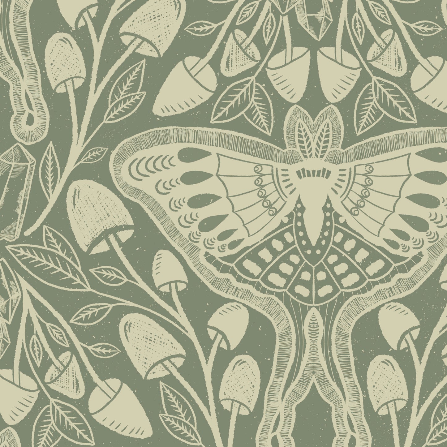 Luna Moths Wallpaper in Green shown in a close up view.