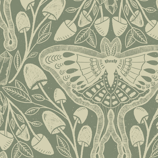 Luna Moths Wallpaper in Green shown in a close up view.