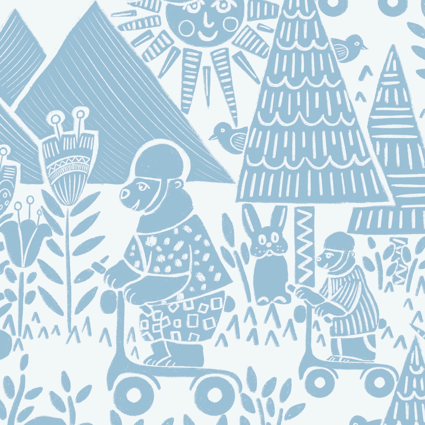 Scooting Bears Wallpaper in Blue shown in a close up view.