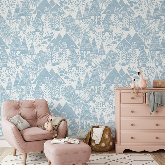 Scooting Bears Wallpaper in Blue shown in a nursery.