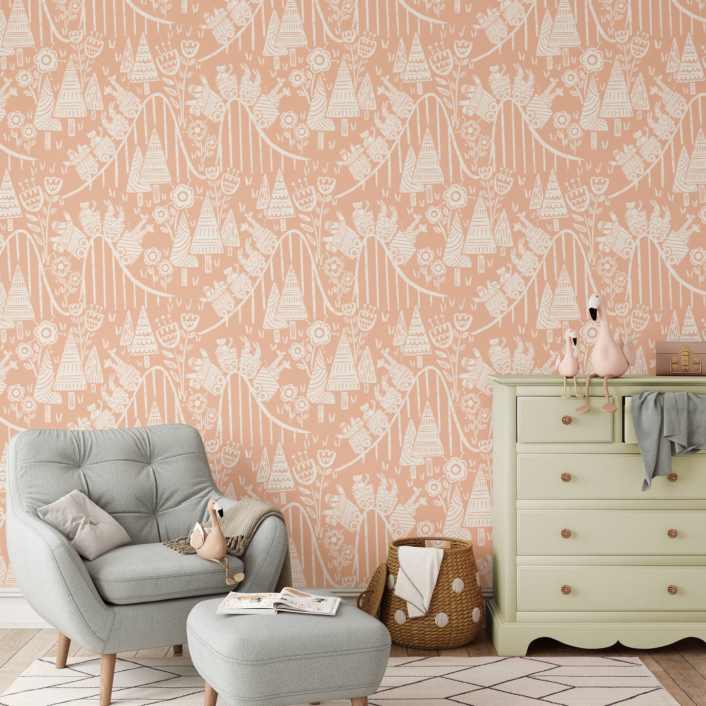 Houses Wallpaper in Apricot Background shown in a nursery.