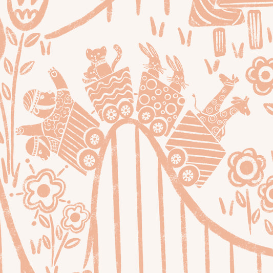 Houses Wallpaper in Apricot shown in a close up view.