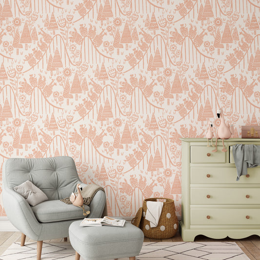 Houses Wallpaper in Apricot shown in a nursery.