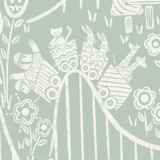 In the Theme Park Wallpaper in Sea Green shown in a close up view.