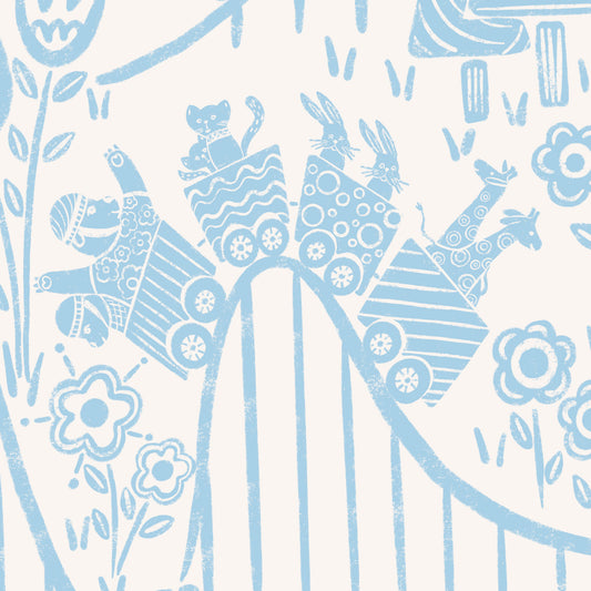 In the Theme Park Wallpaper in Blue shown in a close up view.